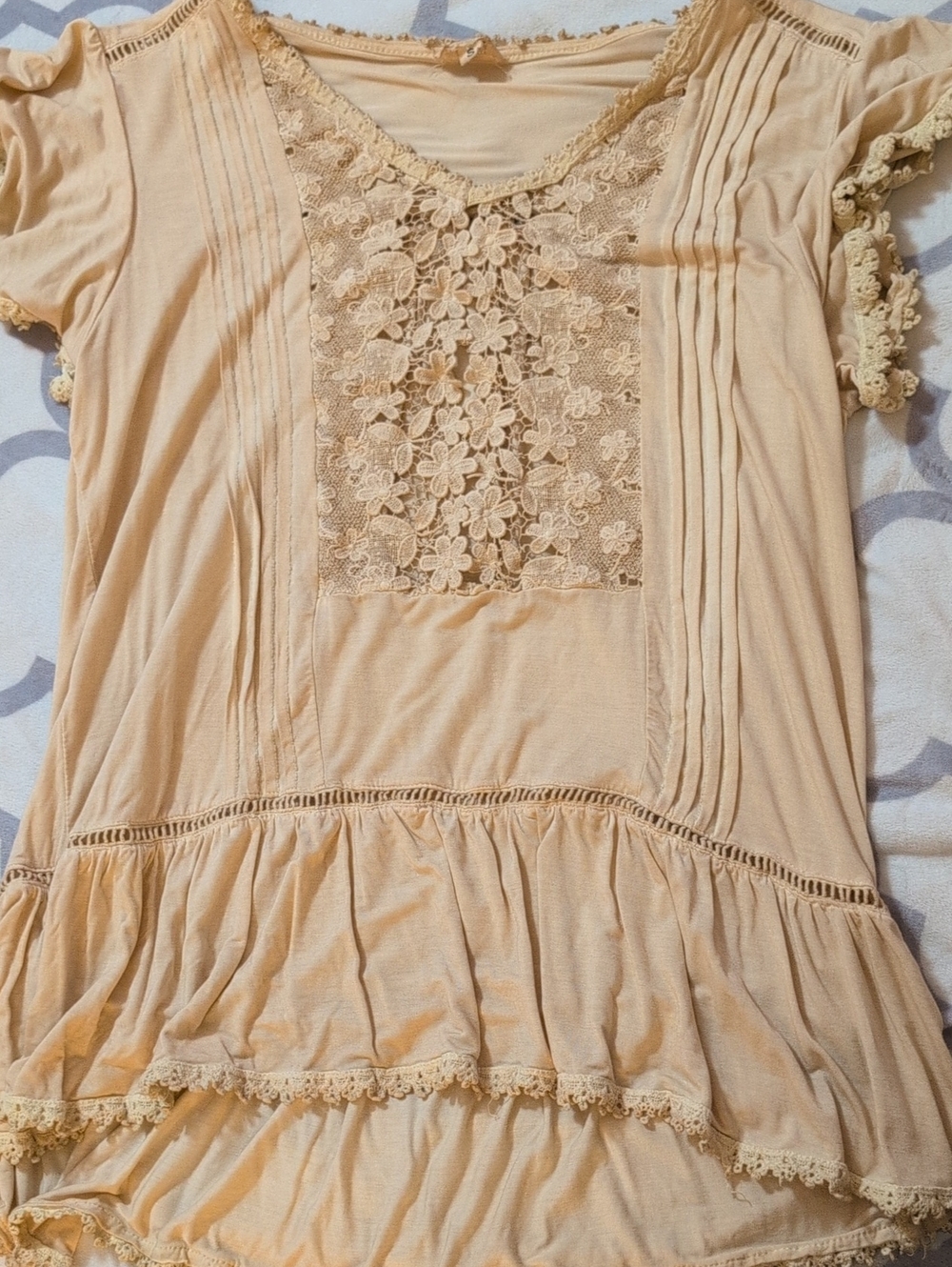 POL Peach Lace-Panel Short Sleeve Tunic
